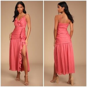 Lulus Season of Soirees Washed Red Clipped Dot Ruffled Maxi Dress